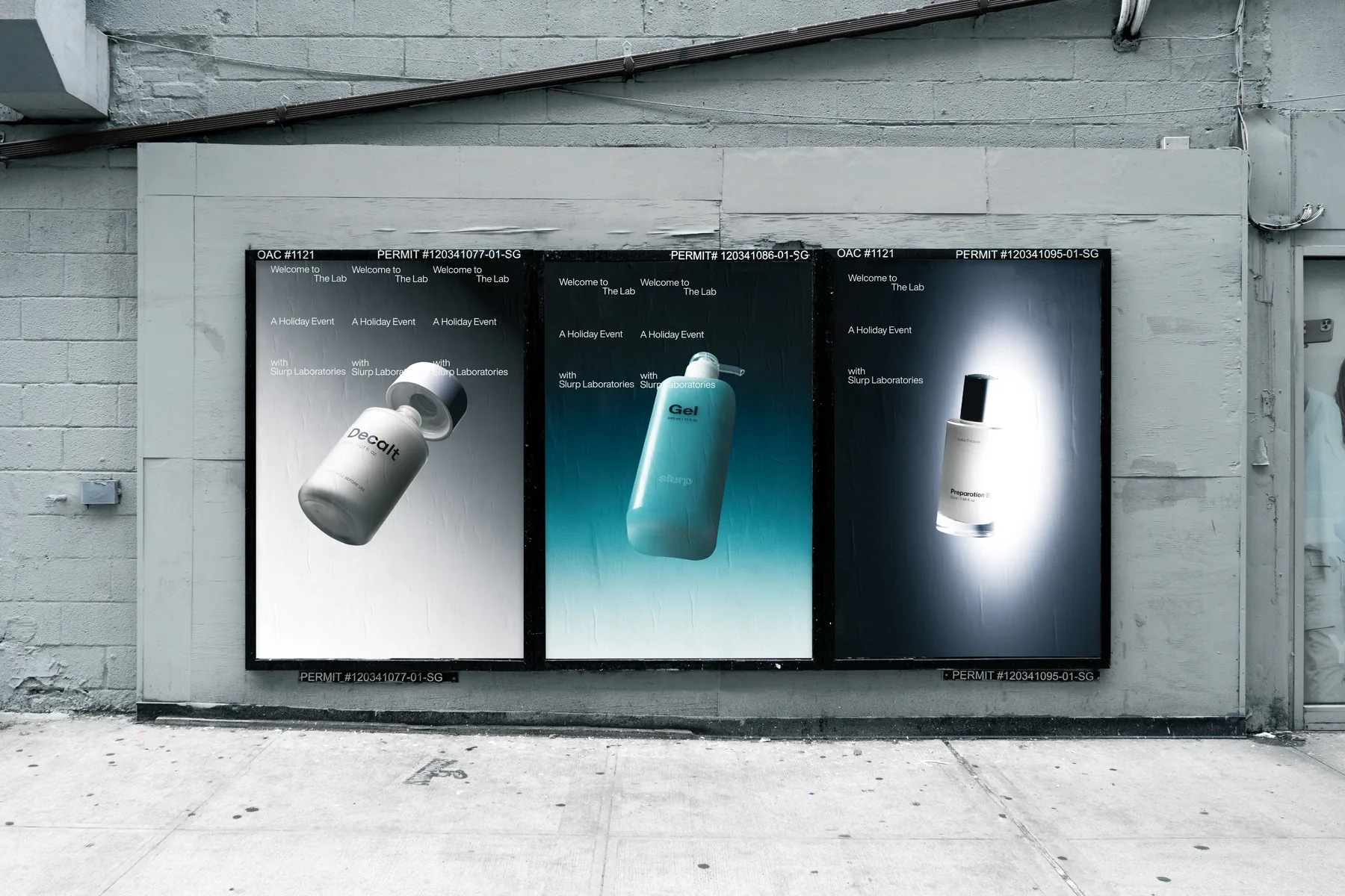 Three Slurp Laboratories posters pasted on a concrete wall